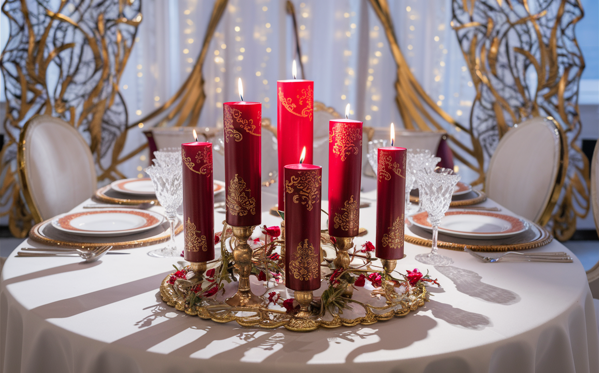 Close-up of hand-painted gold monogram on ivory pillar candle