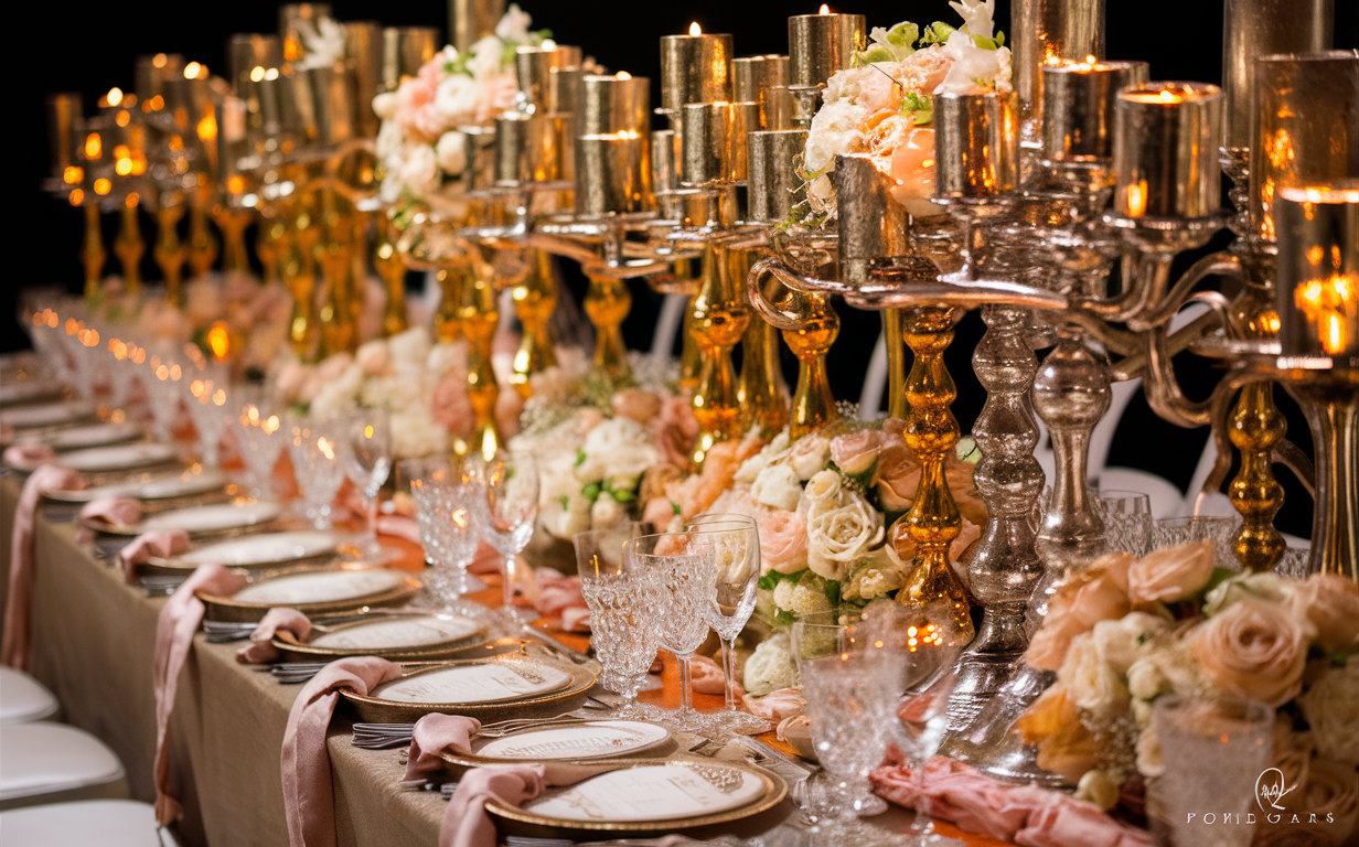Softly lit wedding aisle lined with painted candles in glass cylinders